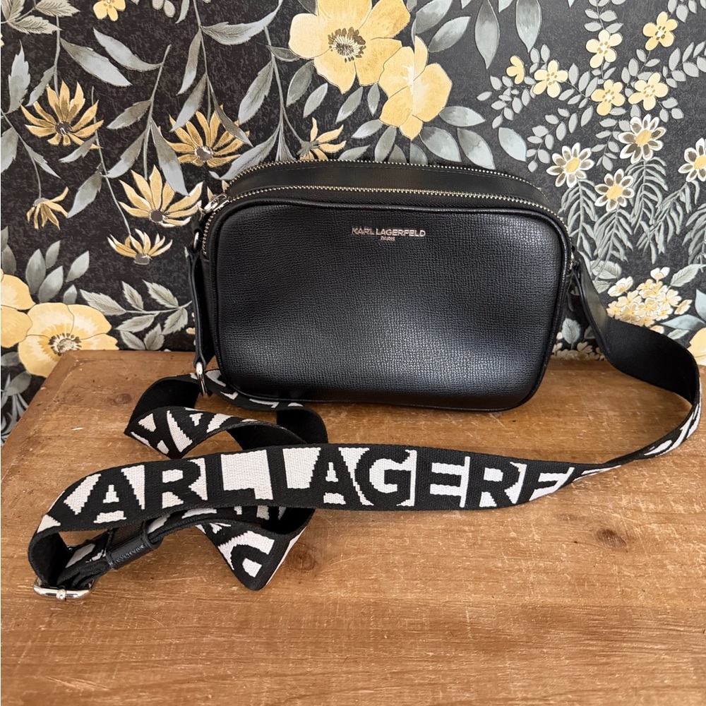 Karl Lagerfeld Black Crossbody Camera Bag with Black & White Logo Strap